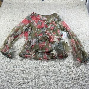 Belle Sky Top Women's Size Large Sheer Ruffle Blouse Cottagecore Shabbychiccore‎
